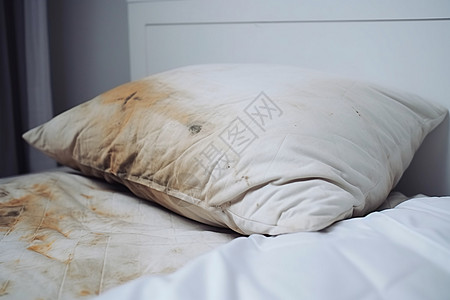 白色床上的脏枕头高清图片