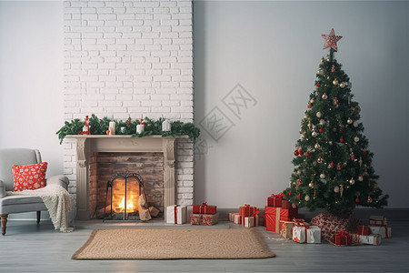 圣诞树和壁炉的客厅设计背景图片