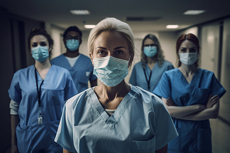 一组医院工作人员戴着口罩和防护装备，一起站在走廊上。渲染和照明: 自然照明。风格: 逼真的照片。图片