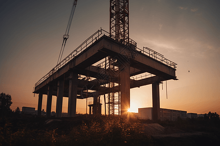 起重机在日落时在建筑工地上抬起钢梁图片