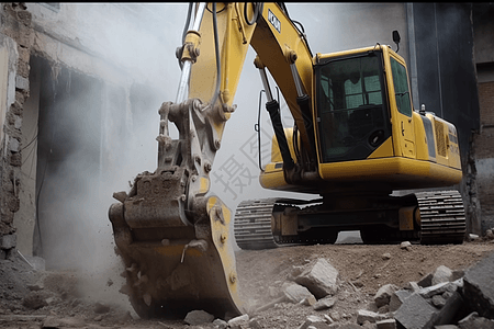 挖掘机拆除旧建筑物现场图片