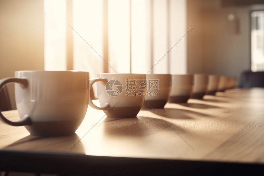 木桌上的咖啡杯图片