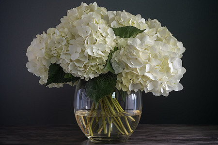 花瓶中白色绣球花图片