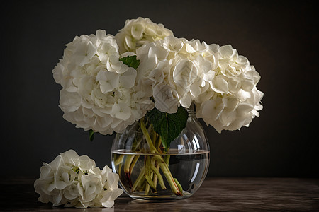 透明玻璃瓶中白色绣球花图片