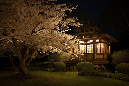夜晚盛开的樱花背景图片