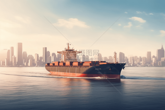 一艘货船驶入港口图片