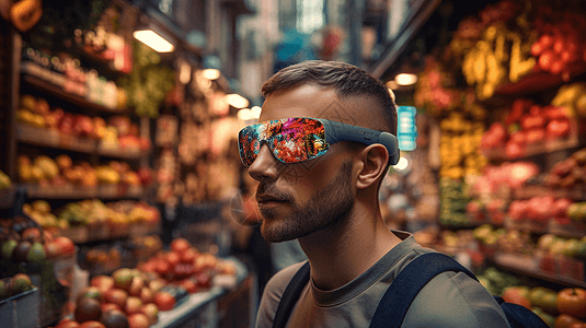 男子体验AR水果市场图片