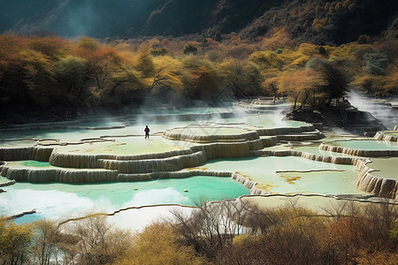 阿坝州黄龙风景黄龙地貌的自然风光背景