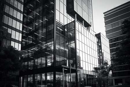 现代带有大玻璃窗办公楼的城市景观图片