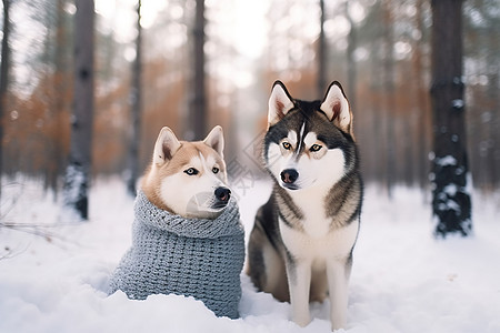 冬季森林中的两只可爱的狗狗图片
