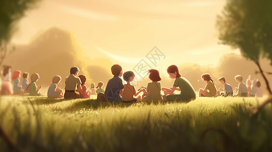 春天草地上野餐的插图图片