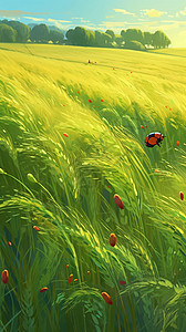 绿色麦田中的瓢虫艺术插图图片