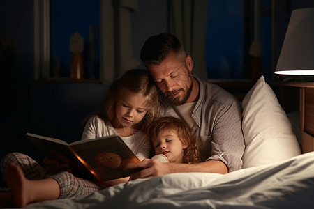父亲和他的小孩在家读睡前故事背景图片