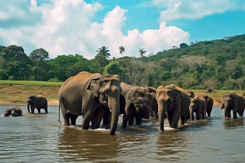 河中的大象群图片