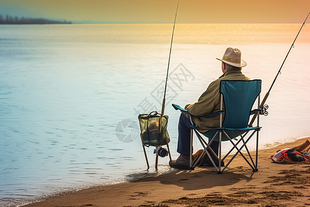 渔夫坐在椅子上钓鱼图片