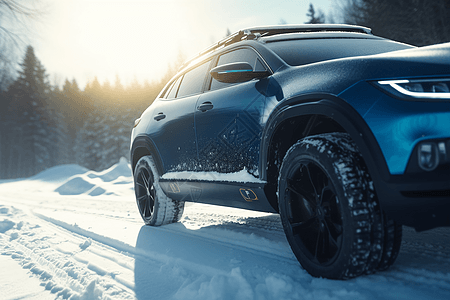 现代化汽车行驶在雪地中图片