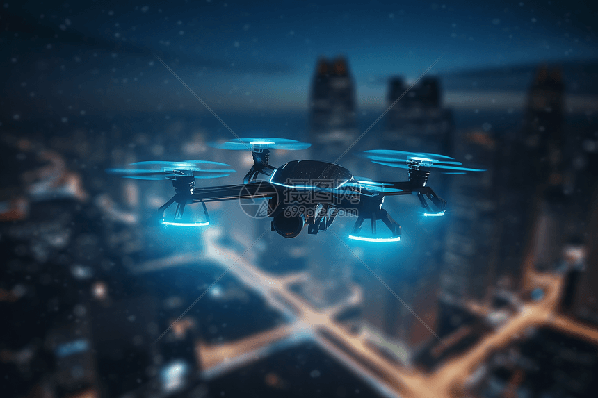 城市上空飞行的无人机图片