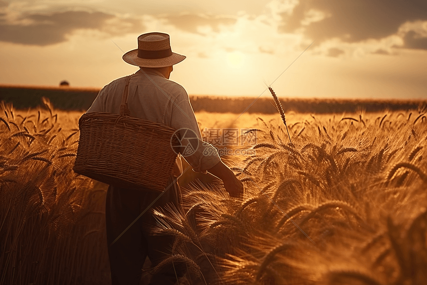 农民走在麦田里图片