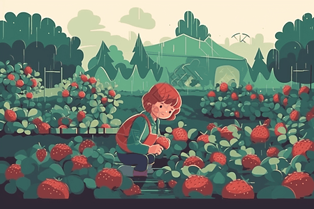 摘口罩在花园里摘草莓的孩子插画