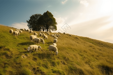山坡上吃草的绵羊图片