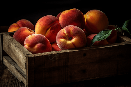 木箱里新鲜的桃子图片