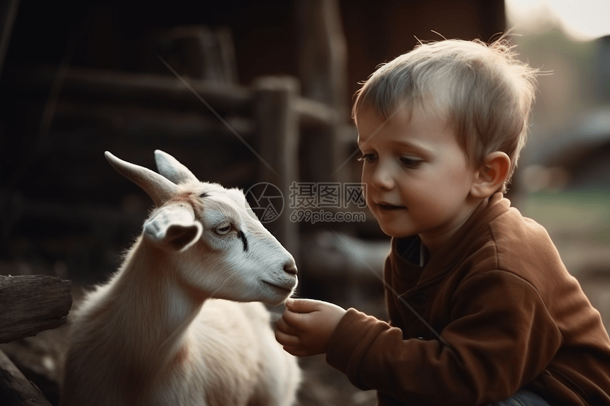 在农场和山羊玩耍的男孩图片