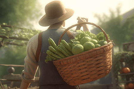 收获一篮子蔬菜的农民图片