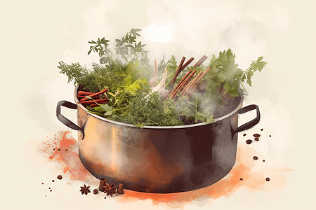 大锅中煮沸的草药平面插图背景图片
