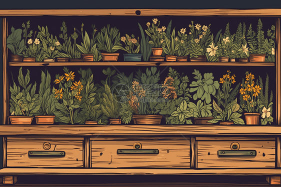 装满各种草药的木柜创意插图图片
