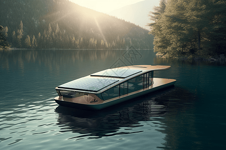 汽艇湖面上停着的能源电动船设计图片