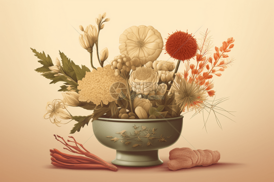 花瓶中排列的中草药抽象插图图片