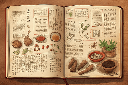 传统中药食谱书的艺术插图背景图片