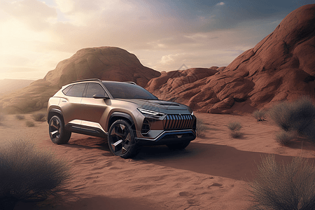 新能源汽车停在荒漠中图片