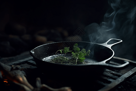 铸铁锅中烘烤草药图图片