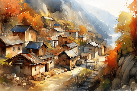 彩色水墨群山环绕的村庄图片