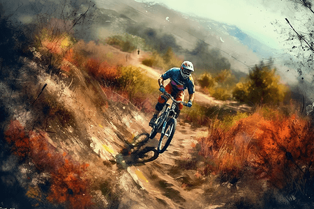 下坡山地自行车手绘插图图片