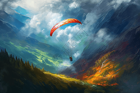 滑翔伞在云层中翱翔的艺术插图图片