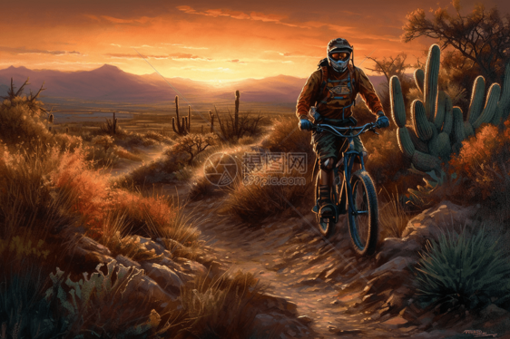 日落时下坡山地自行车艺术插图图片