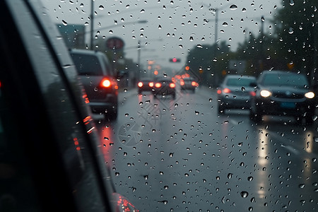 城市中雨天车窗外的街景高清图片