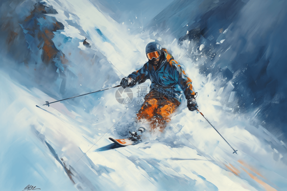 滑雪者在陡峭的山坡上滑行艺术插图图片