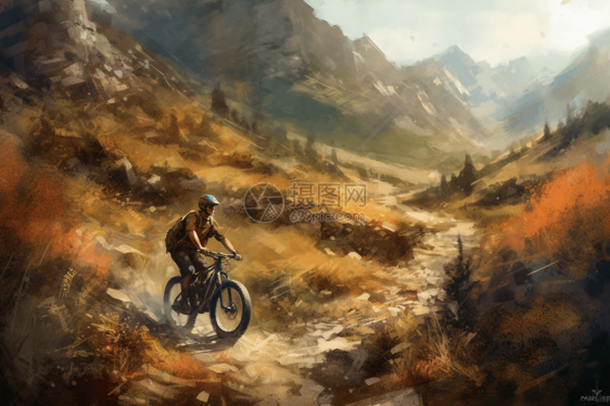 山地自行车手在山间越野艺术插图图片