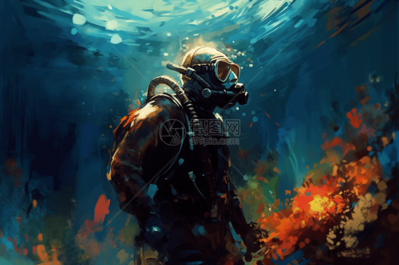 海底世界的潜水员的插画图片