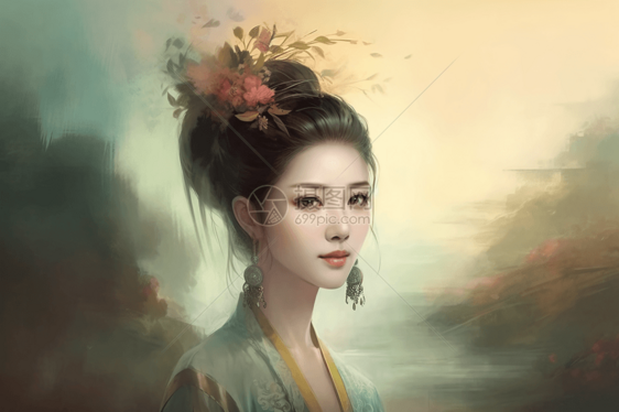 中国古装美女水彩插画图片