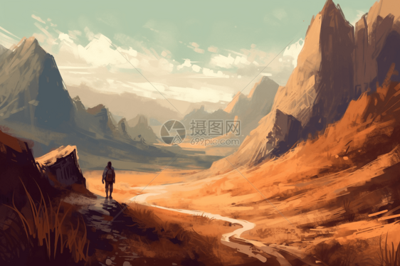 山间徒步旅行创意插画图片