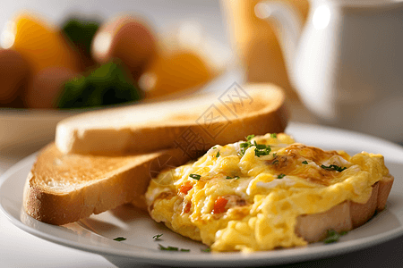 煎蛋卷和烤面包早餐图片
