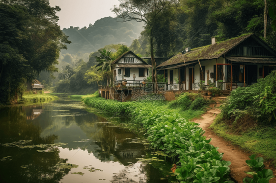 湖边古朴的小屋图片