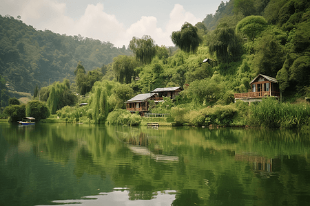 植物和古朴的小屋图片