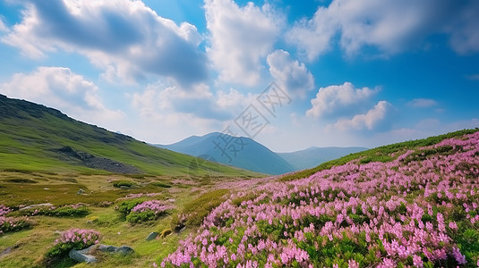 春天山上的杜鹃花和天空中的云图片