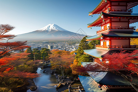 秋天的富士山和Nakaritota寺图片