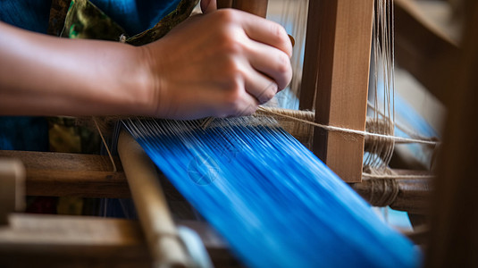 紧握妇女双手在织机上编织蓝色图片